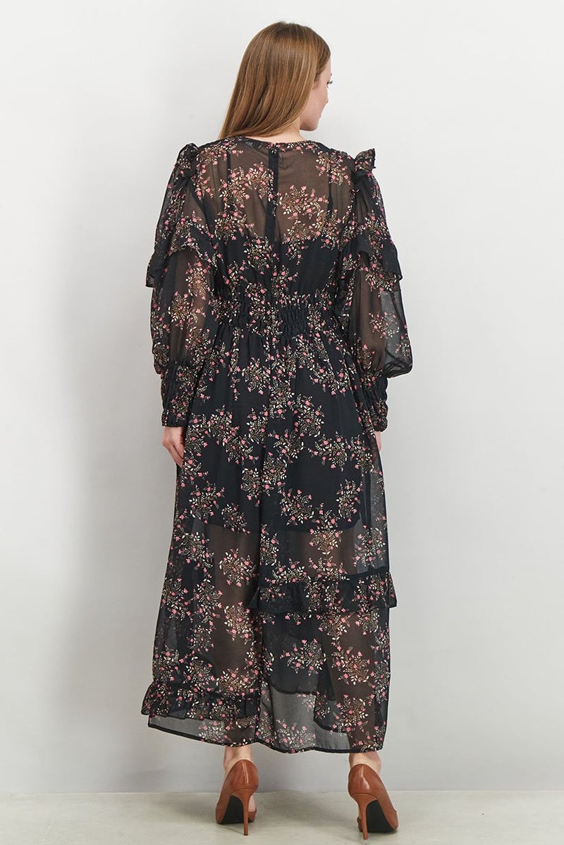 TOPSHOP Women Floral Maxi Casual Dress, Black and Pink Combo - Image 3